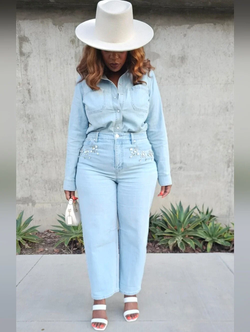 MACY'S: ON 34th Embellished-Collar Denim Shirt & Embellished Barrel-Leg Jean